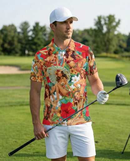 Tropical Pin Up Polo Shirt - Vintage Hawaiian Beauty Style | Netecom
