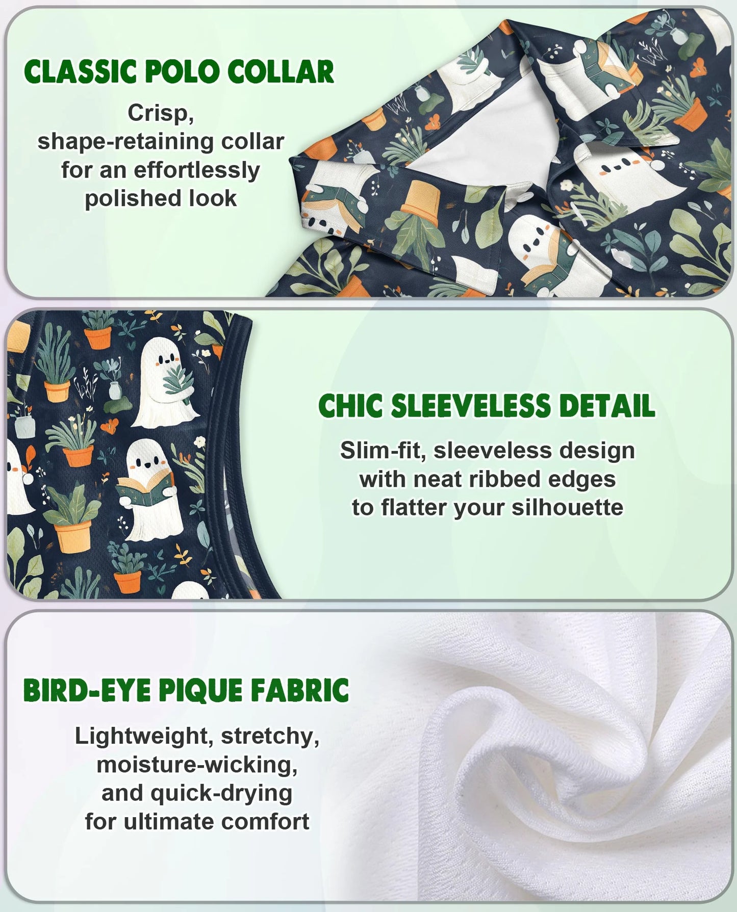 Cute Ghost Holding Plants Pattern Sleeveless Polo Shirt for Women | Netecom