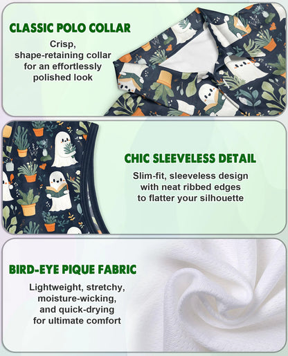 Cute Ghost Holding Plants Pattern Sleeveless Polo Shirt for Women | Netecom