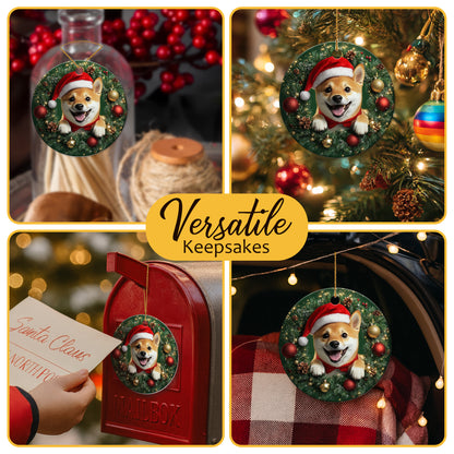 Netecom Funny Shiba Inu Christmas Ornament, Dog Santa Hat Ceramic Ornament for Xmas Tree Hanging Decorations Gift, Puppy Lover Gifts, Home Decor, Holiday Party Present