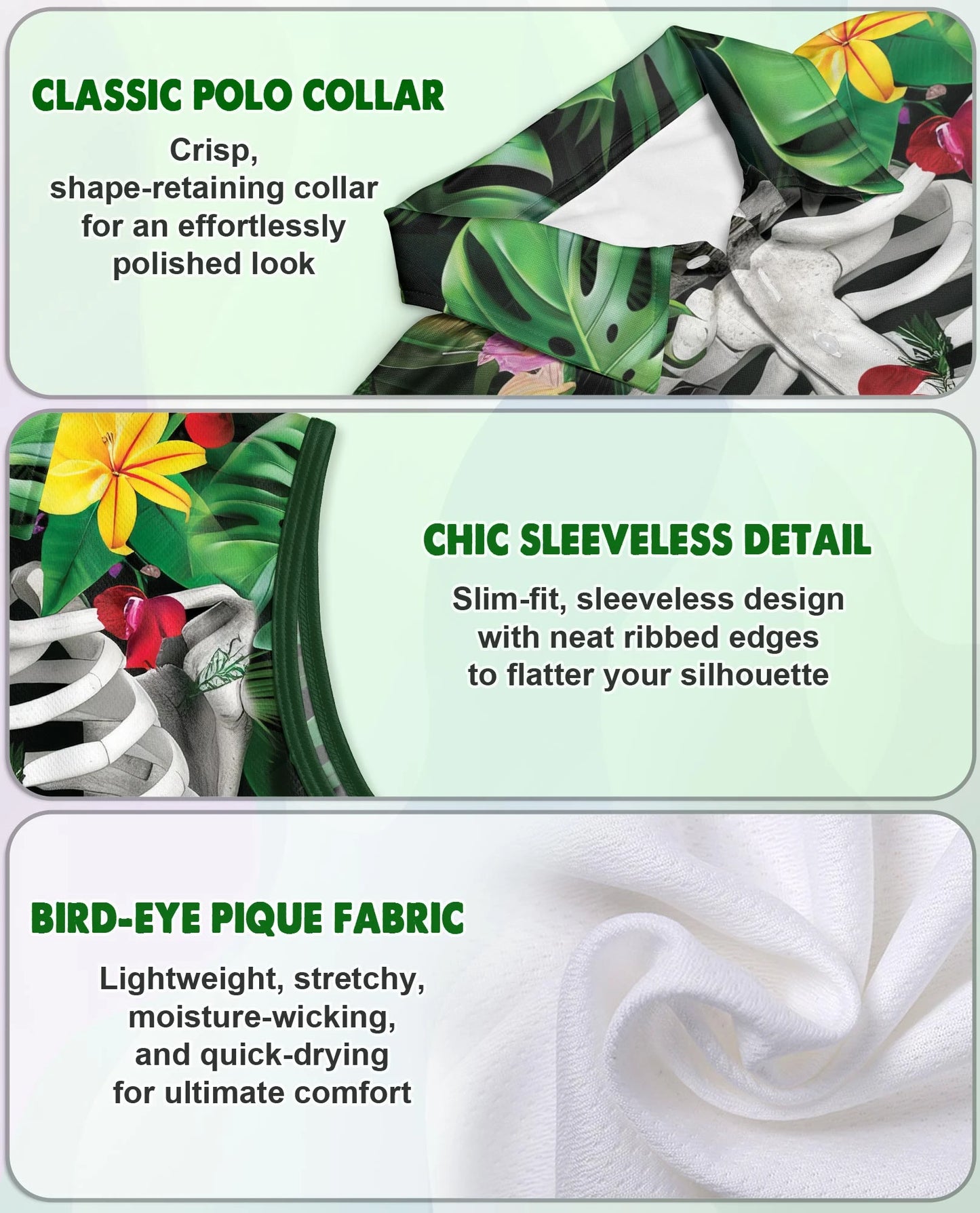 Tropical Floral Skeleton Print Sleeveless Polo Shirt for Women | Netecom