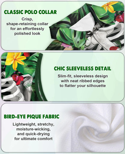 Tropical Floral Skeleton Print Sleeveless Polo Shirt for Women | Netecom