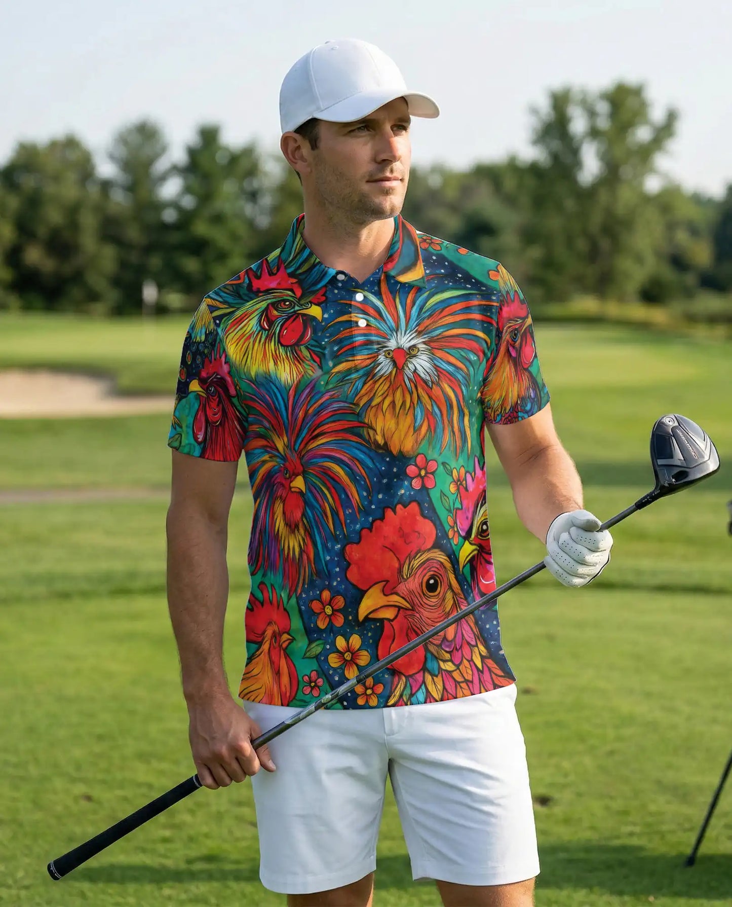 Colorful Rooster Polo Shirt – Folk Art Farm Print | Netecom