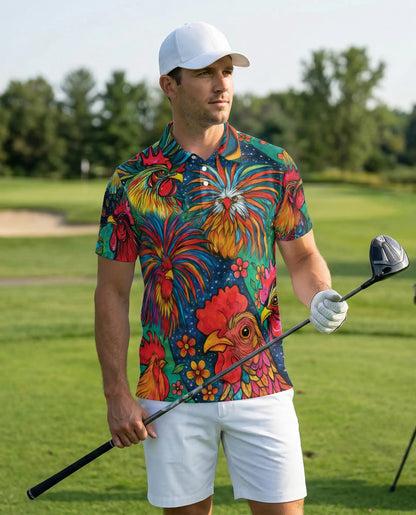 Colorful Rooster Polo Shirt – Folk Art Farm Print | Netecom
