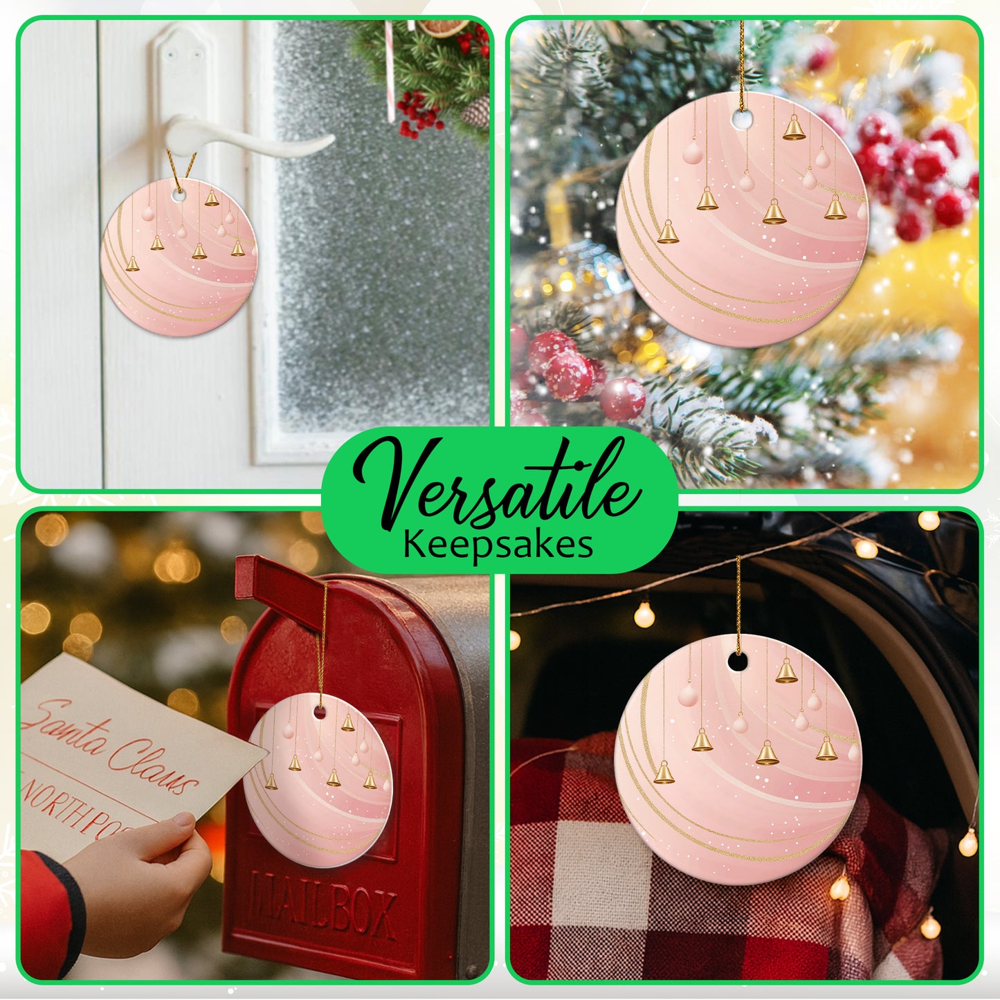 Netecom Elegant Pink Baubles Christmas Ornaments, Ceramic Bell with Glitter Swirl Keepsake Ornament for Xmas Tree Decorations, Gifts for Holiday, Party, Home Decor