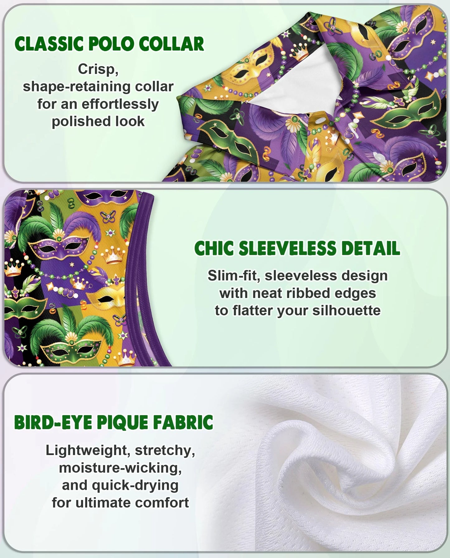 Mardi Gras Mask Sleeveless Polo Shirt for Women | Netecom