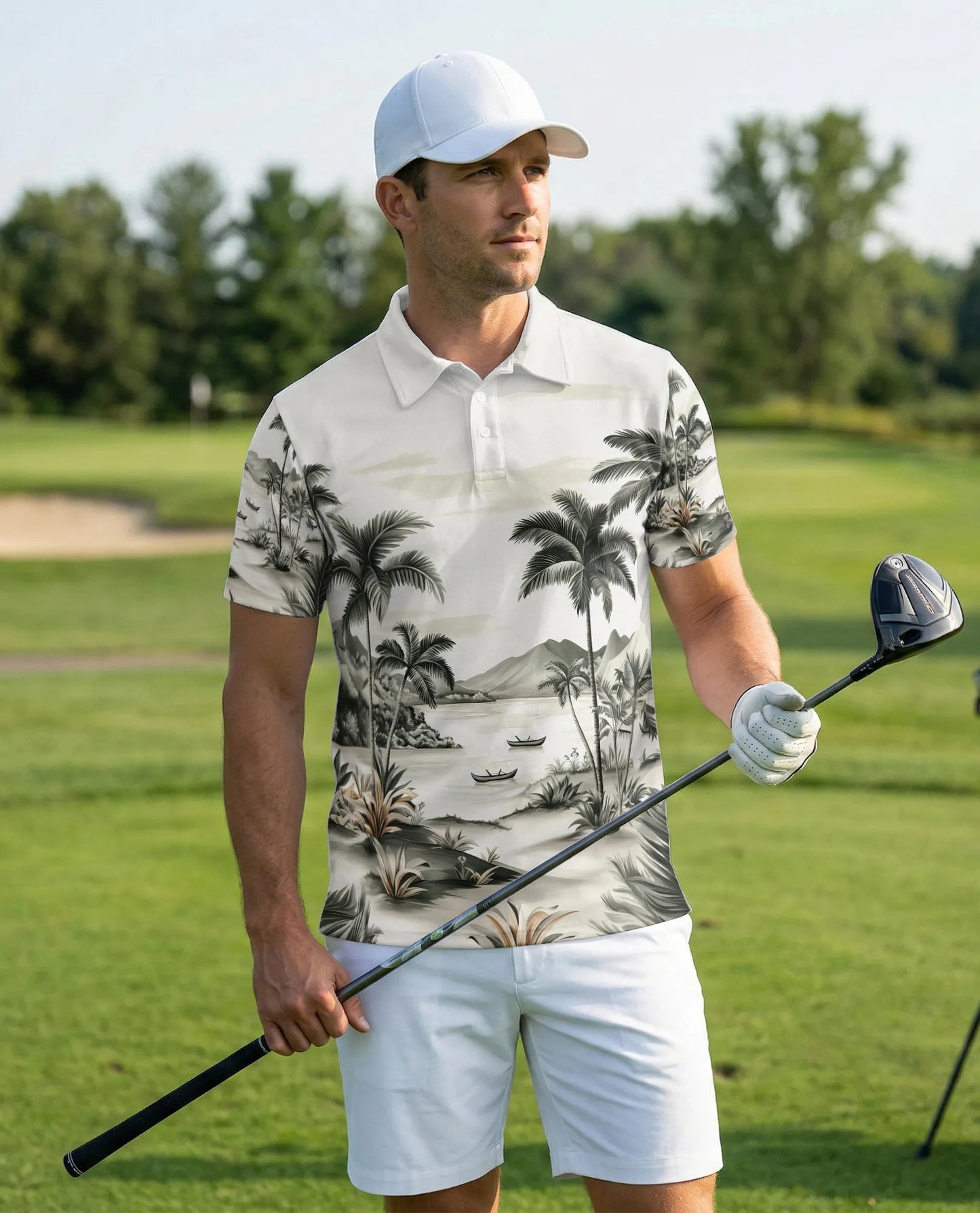 Tropical Landscape 3D Polo Shirt for Men – Vintage Beach Palm Style | Netecom