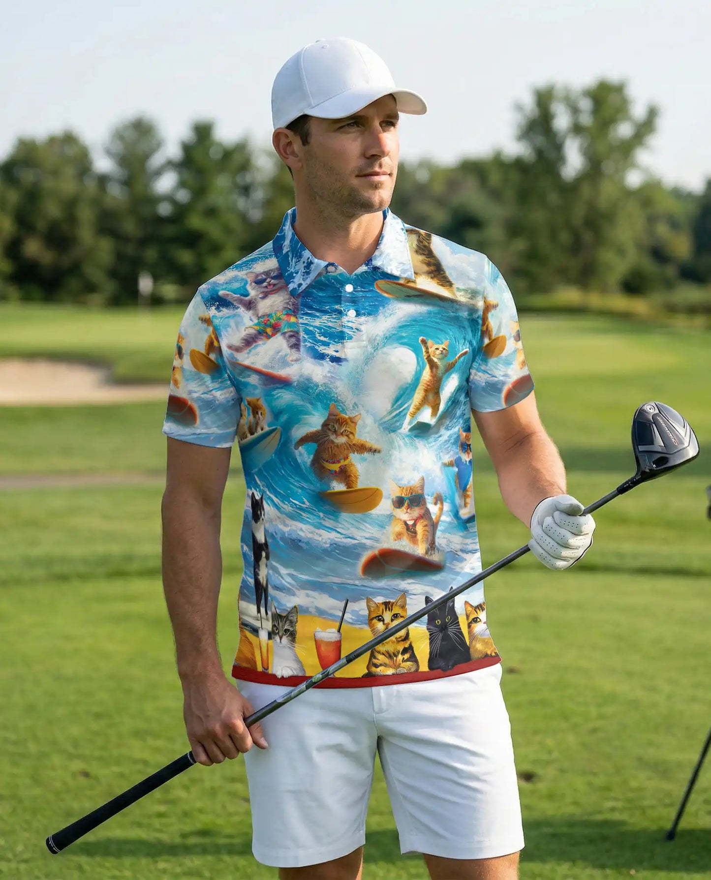Surfing Cat 3D Polo Shirt for Men – Funny Beach Summer Style | Netecom