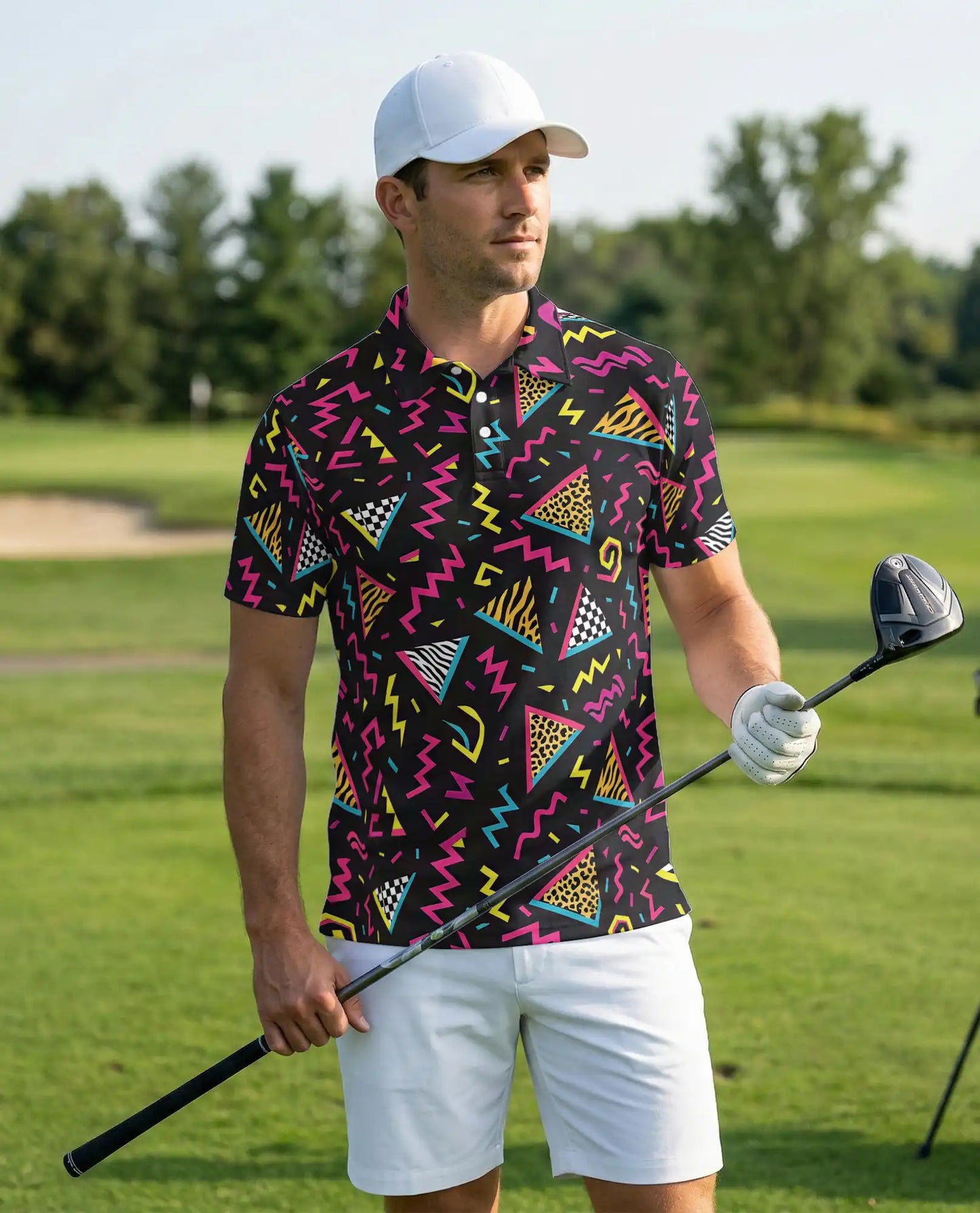 Retro 80s Polo Shirt – Neon Geometric Abstract Pattern | Netecom