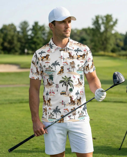 Golden Retriever Beach Polo Shirt – Tropical Island Print | Netecom
