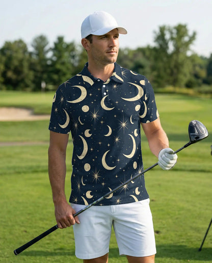 Celestial Moon Polo Shirt- Night Sky Stars Cosmic Print | Netecom