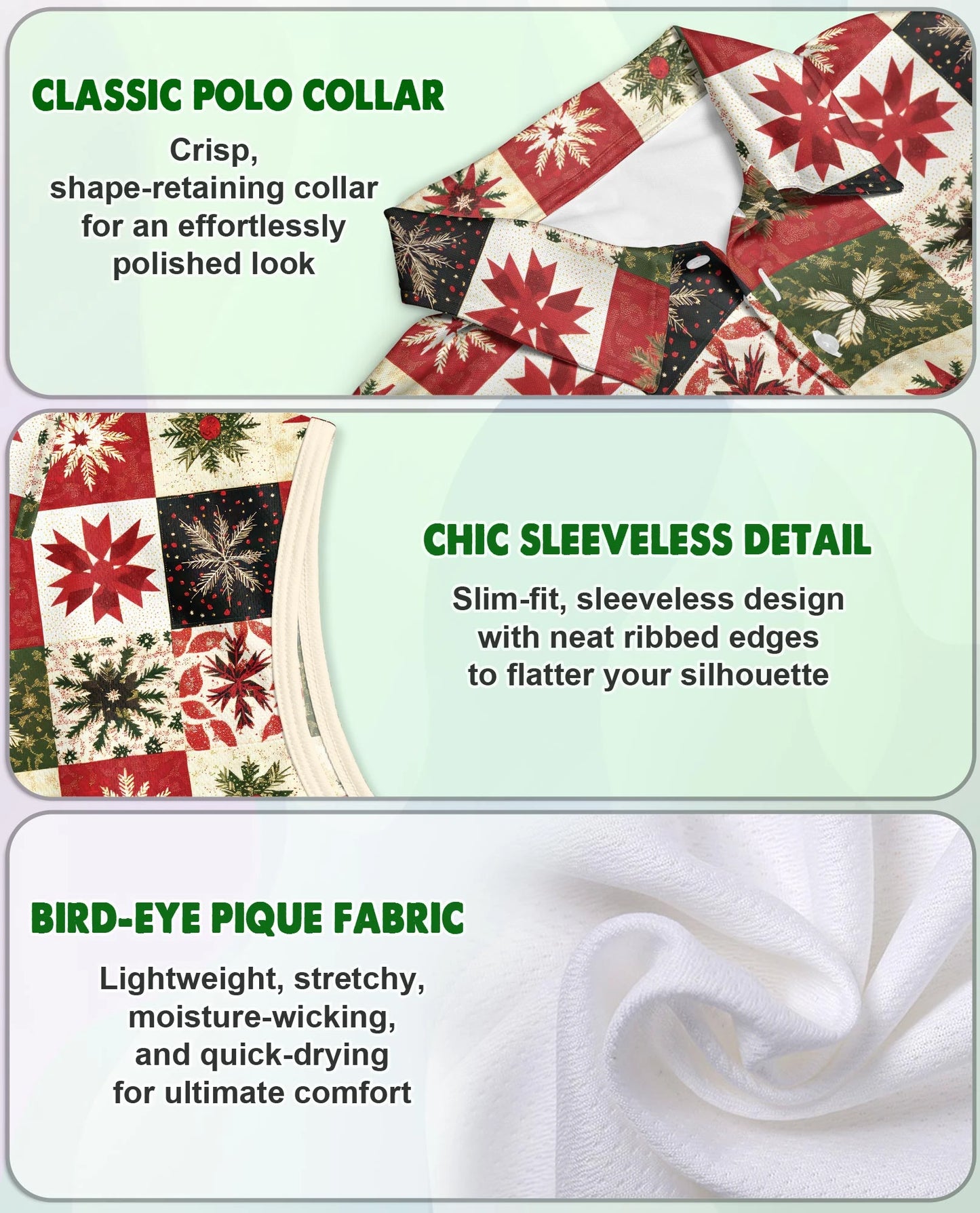 Christmas Quilt Pattern Sleeveless Polo Shirt for Women | Netecom