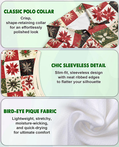 Christmas Quilt Pattern Sleeveless Polo Shirt for Women | Netecom