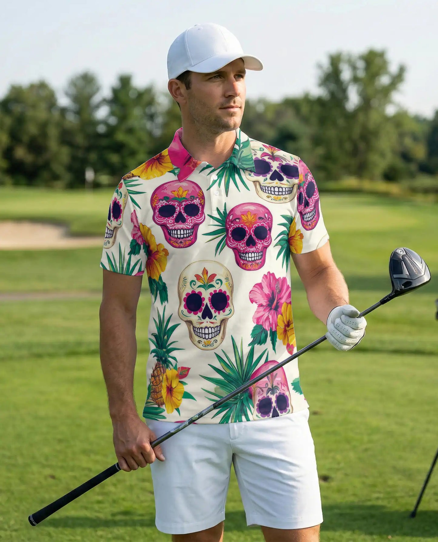 Sugar Skull Polo Shirt – Tropical Floral Print | Netecom