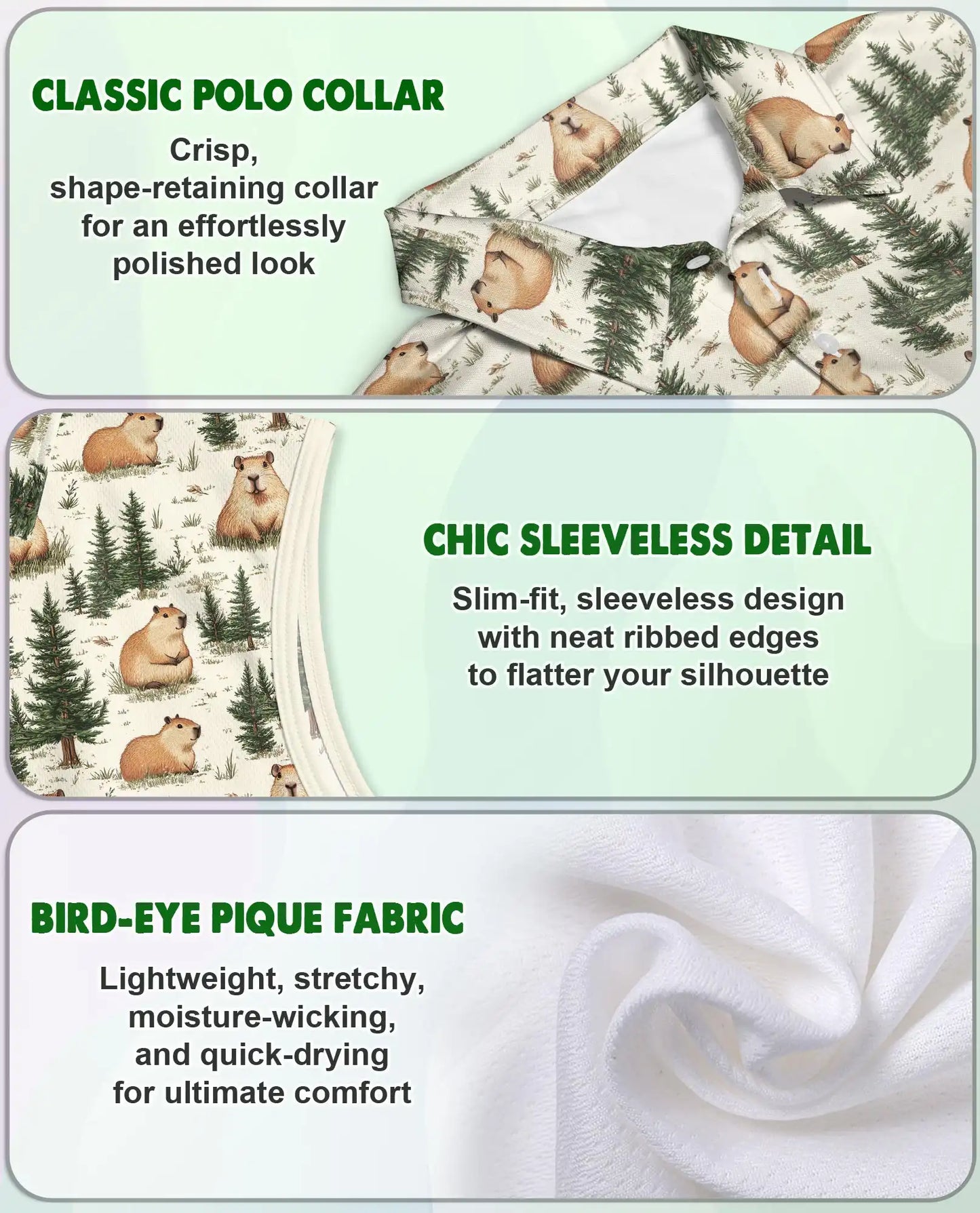 Watercolor Capybara Forest Pattern Sleeveless Polo Shirt for Women| Netecom