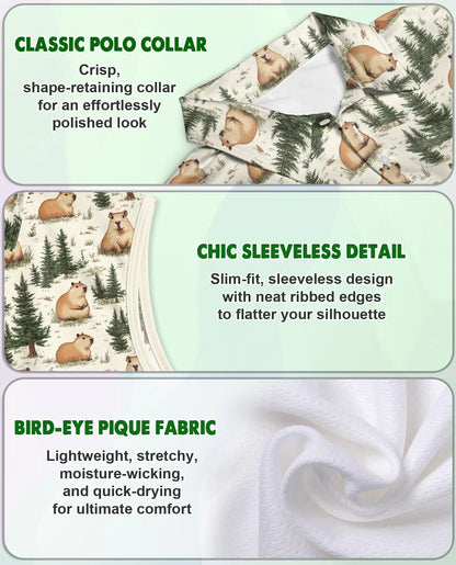 Watercolor Capybara Forest Pattern Sleeveless Polo Shirt for Women| Netecom