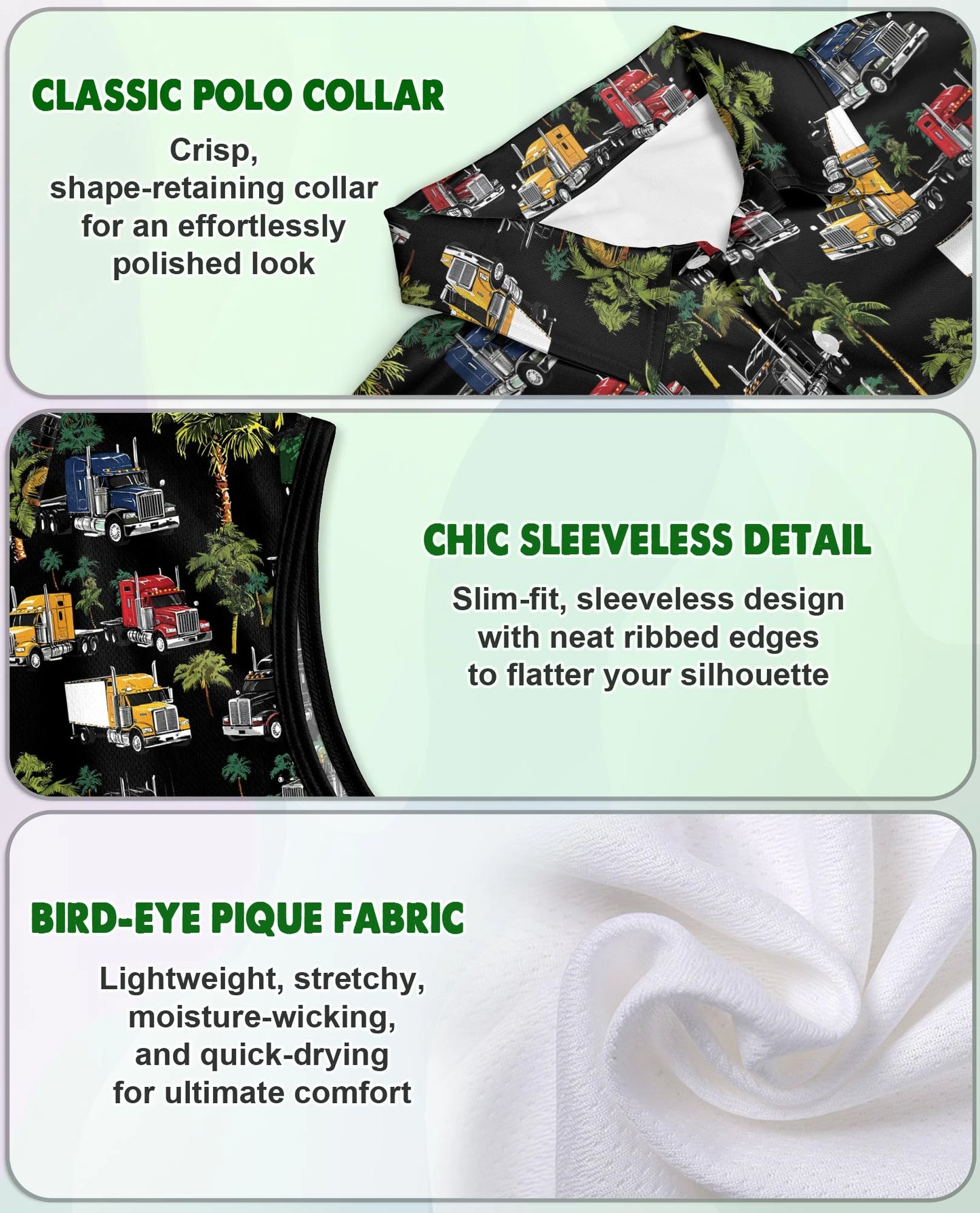 Semi Truck and Palm Tree Print Sleeveless Polo Shirt for Women | Netecom