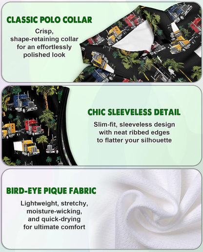 Semi Truck and Palm Tree Print Sleeveless Polo Shirt for Women | Netecom