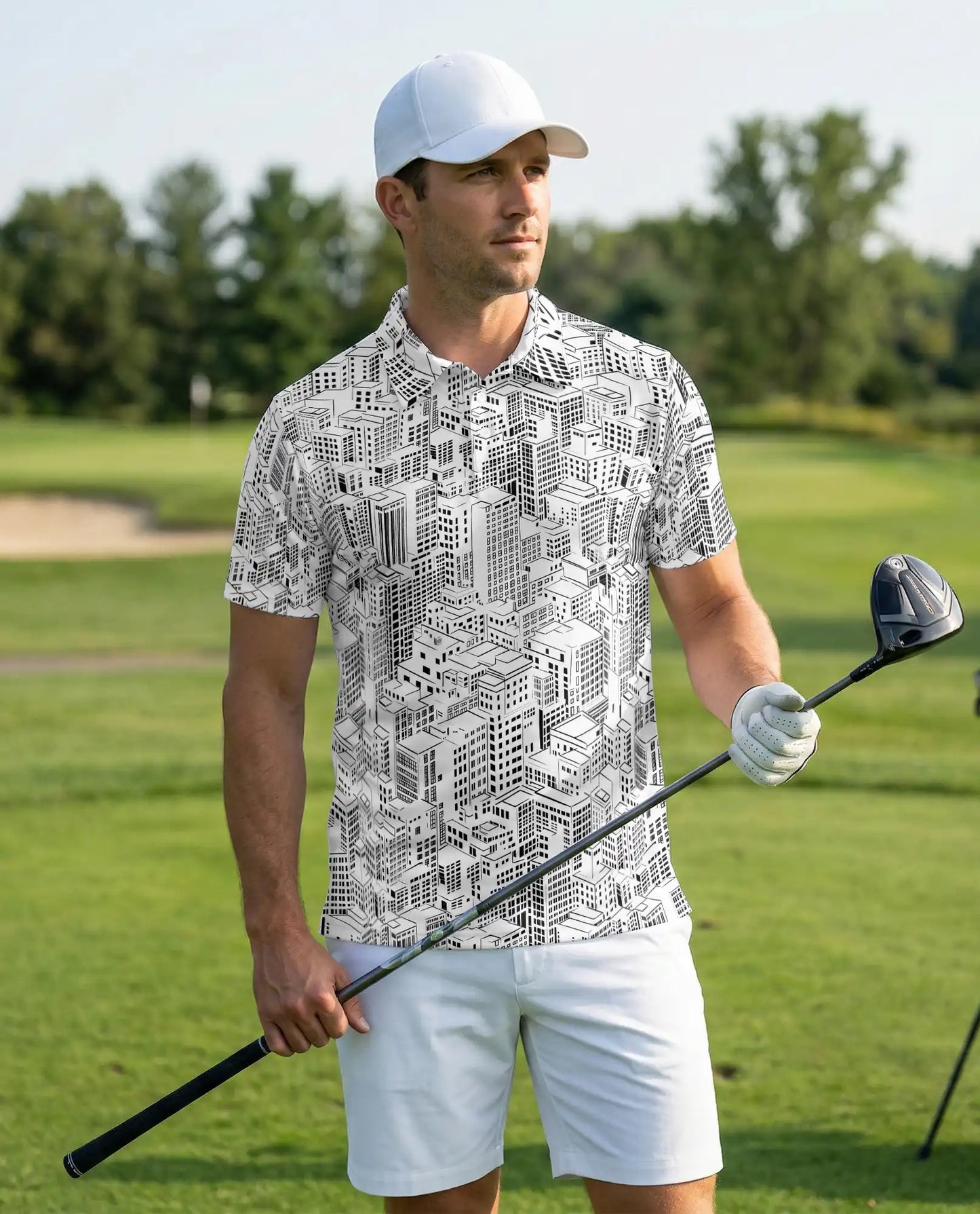 Black & White Cityscape Polo Shirt – Urban Skyline Pattern | Netecom