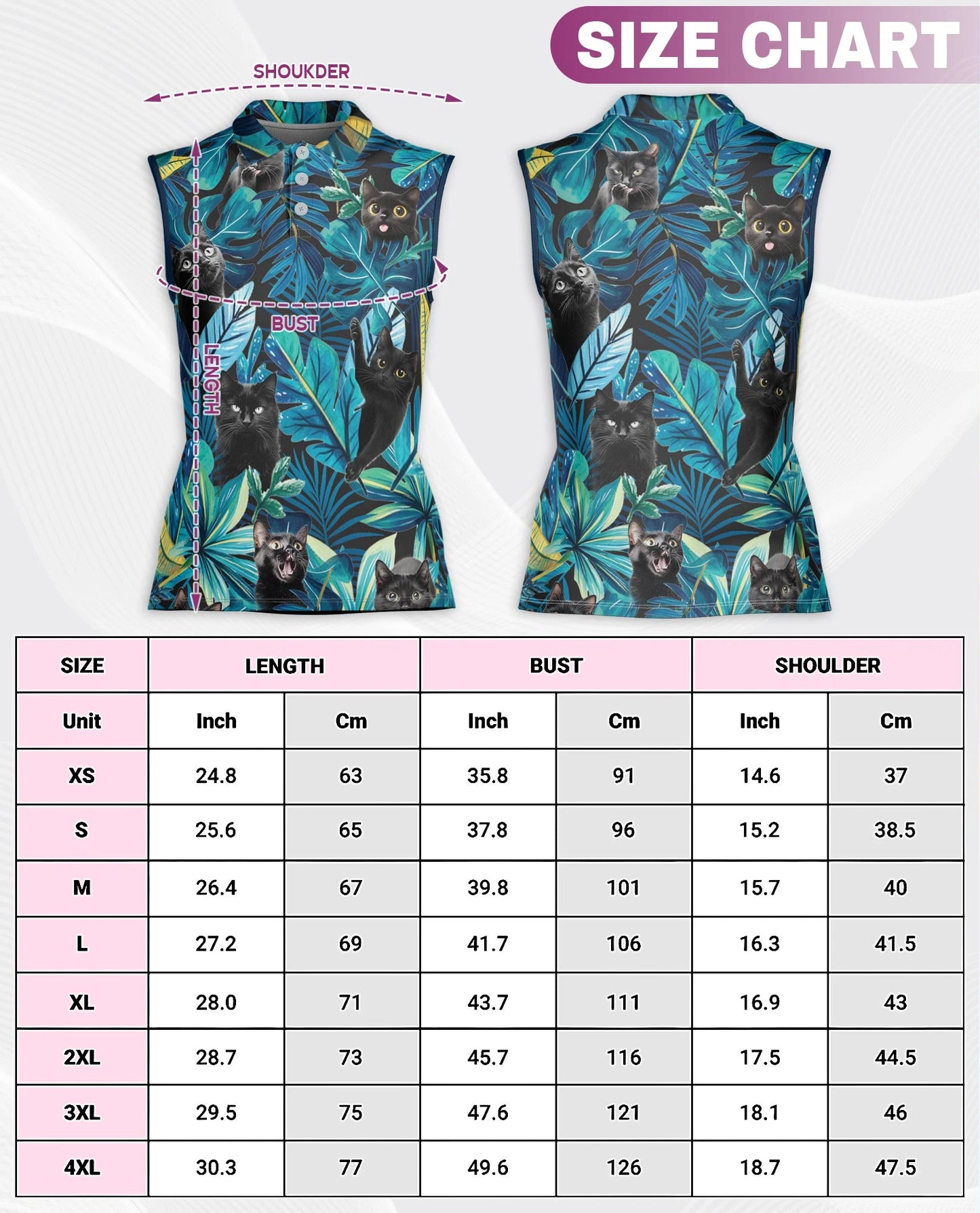 Black Cat Tropical Leaf Sleeveless Polo Shirt for Women | Netecom