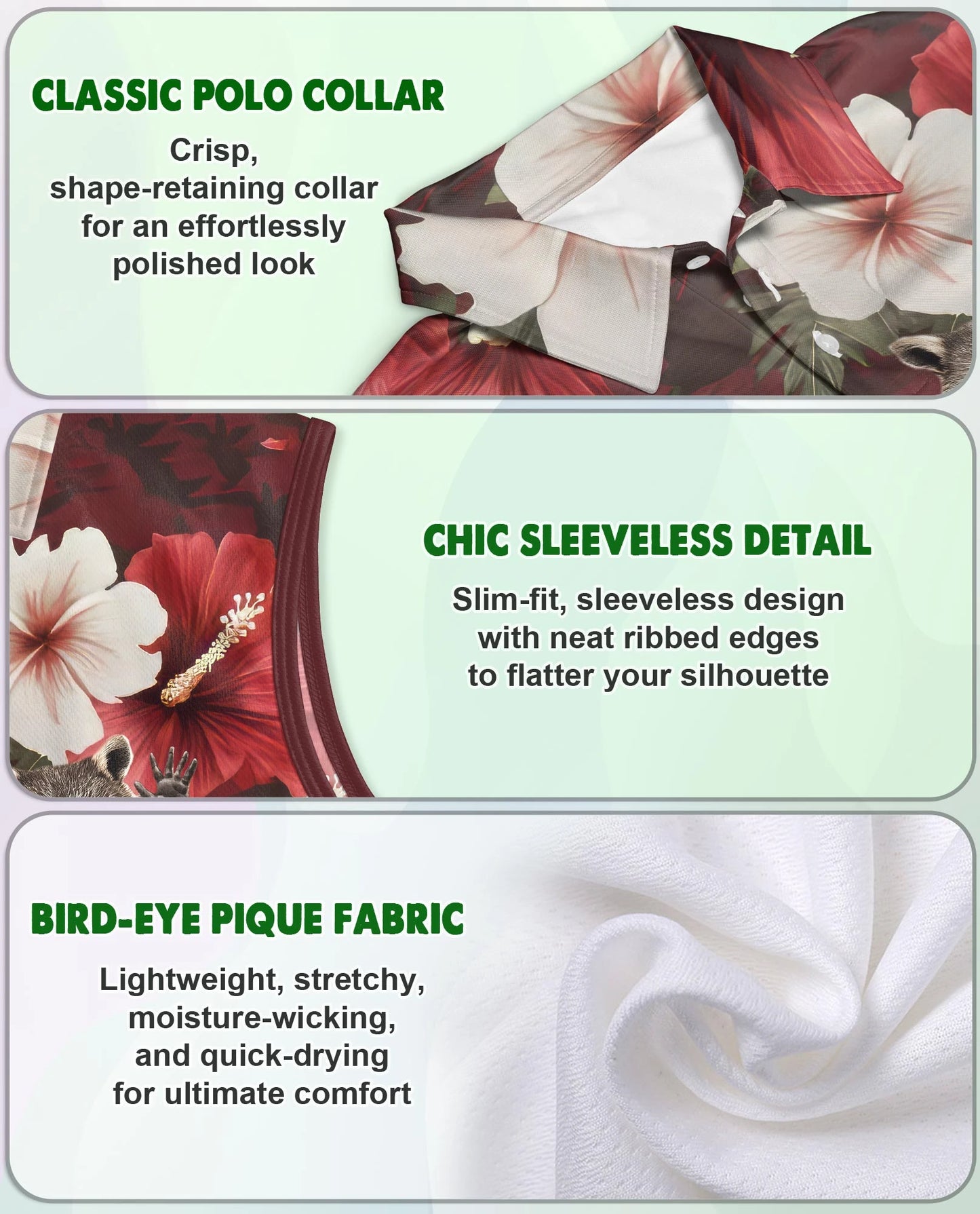 Tropical Hibiscus Raccoon Sleeveless Polo Shirt for Women | Netecom