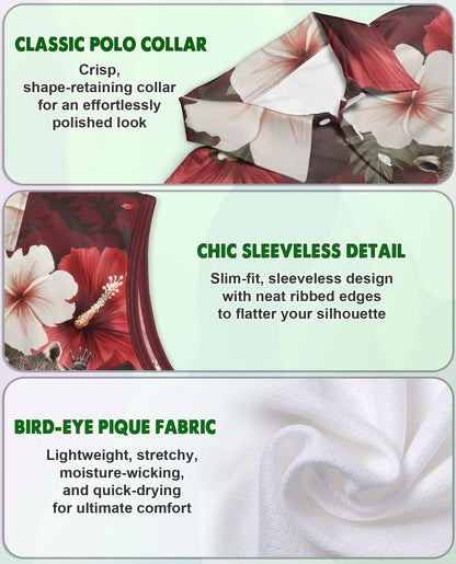 Tropical Hibiscus Raccoon Sleeveless Polo Shirt for Women | Netecom