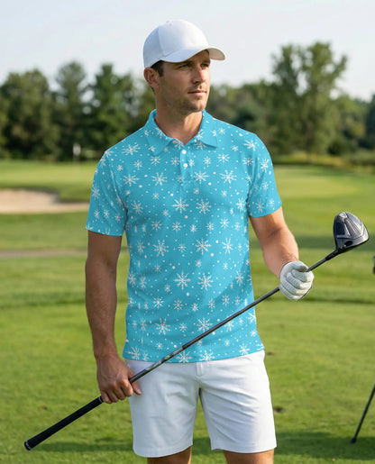 Blue Snowflake 3D Polo Shirt for Men – Minimal Winter Holiday Style | Netecom