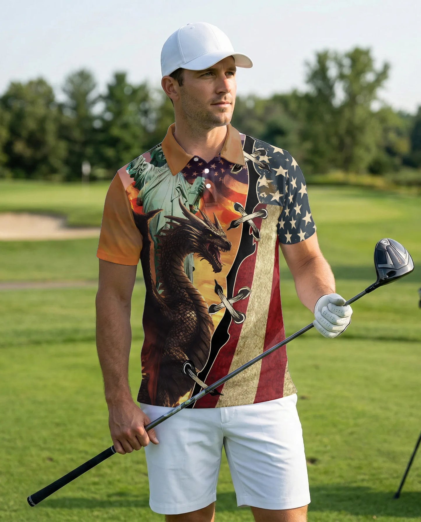 American Dragon 3D Polo Shirt for Men – Patriotic Fantasy Flag Style | Netecom
