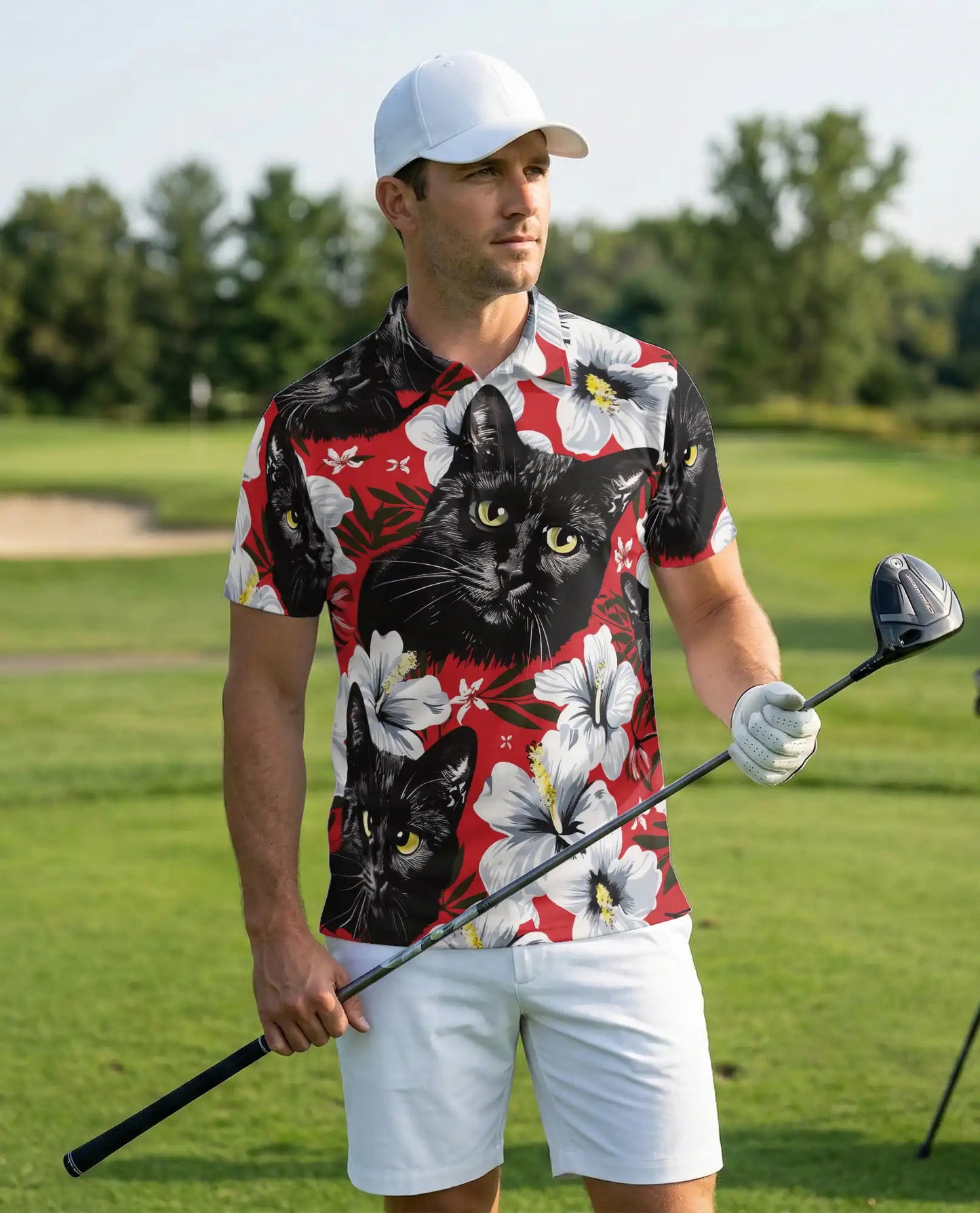 Black Cat Hawaiian Polo Shirt for Men | Netecom