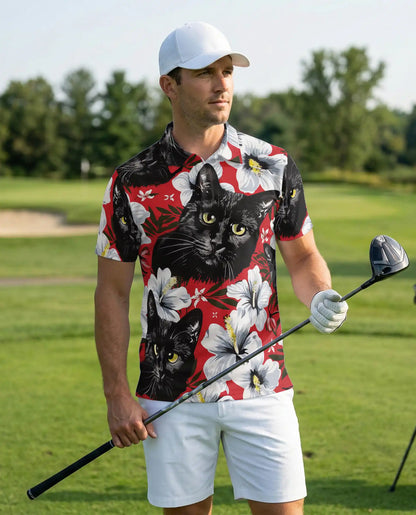 Black Cat Hawaiian Polo Shirt for Men | Netecom