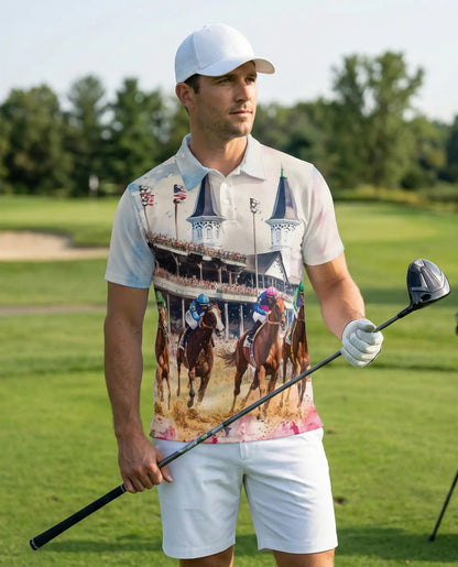 Horse Racing Polo Shirt-Equestrian Jockey Track Print | Netecom