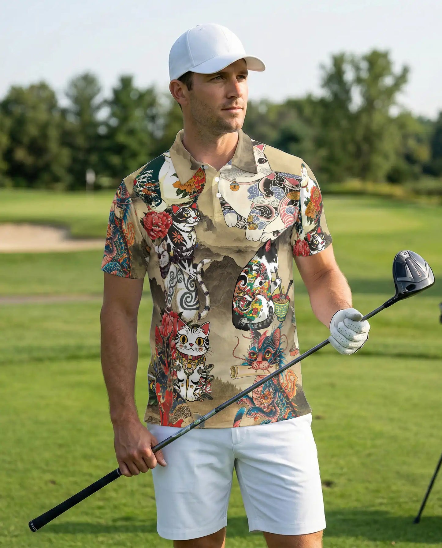 Japanese Tattoo Cat 3D Polo Shirt for Men – Asian Dragon Art Style | Netecom
