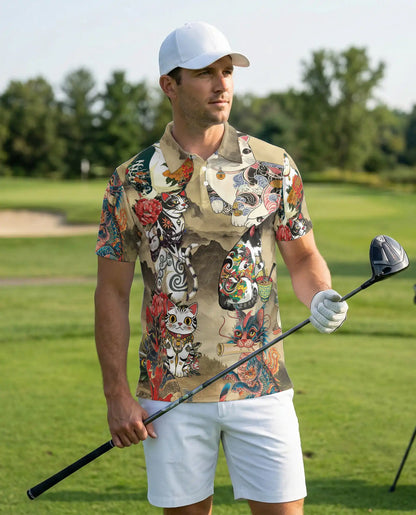 Japanese Tattoo Cat 3D Polo Shirt for Men – Asian Dragon Art Style | Netecom