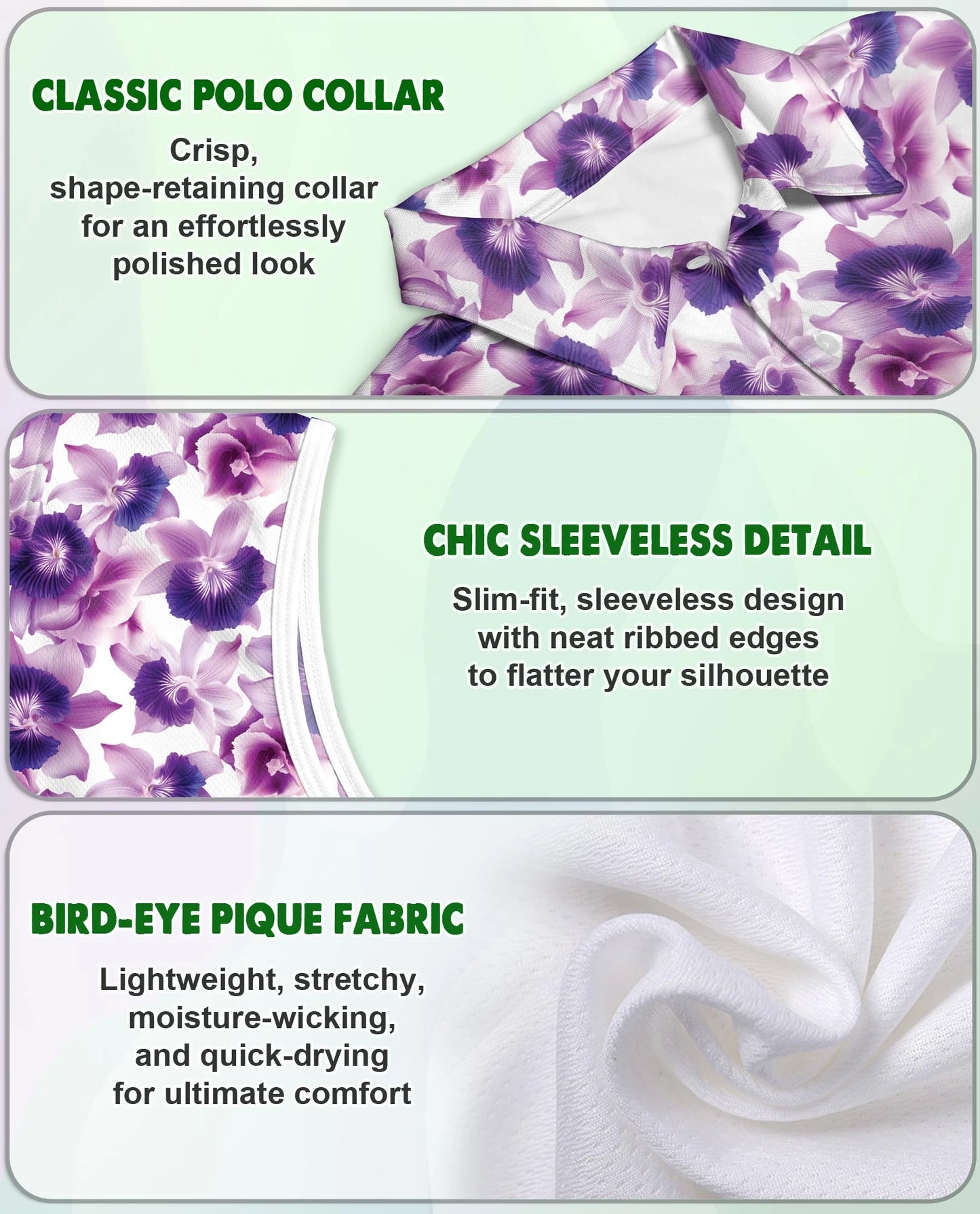 Purple Orchid Flower Sleeveless Polo Shirt for Women – Elegant Floral Style | Netecom