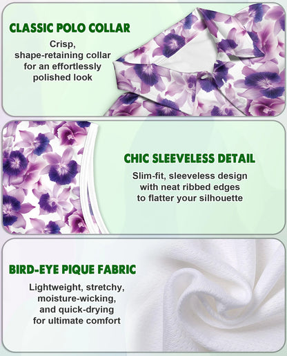 Purple Orchid Flower Sleeveless Polo Shirt for Women – Elegant Floral Style | Netecom