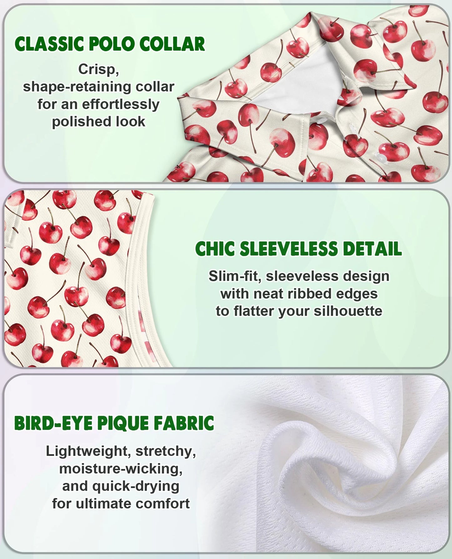 Cherry Pattern Sleeveless Polo Shirt for Women | Netecom
