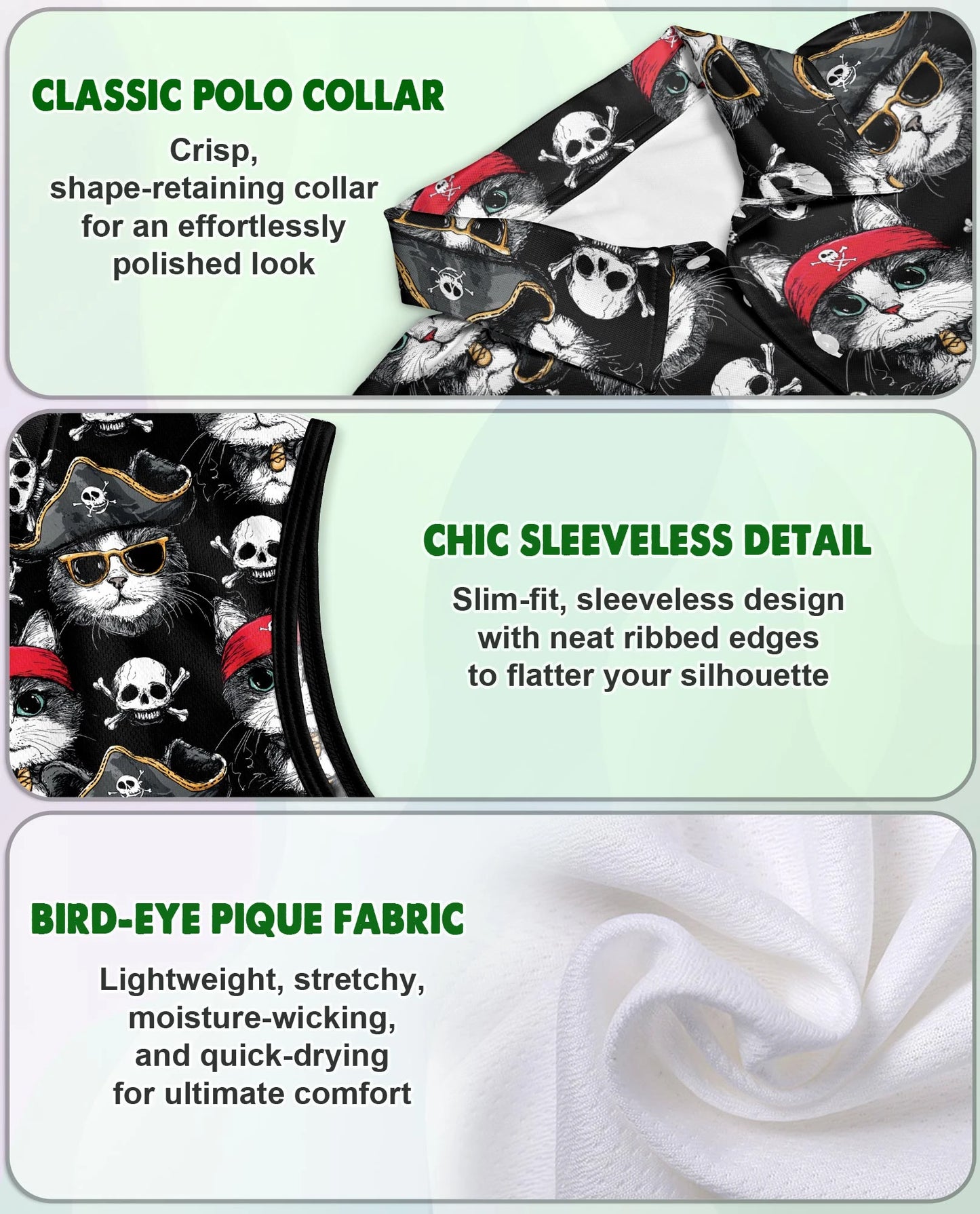 Pirate Cat Sleeveless Polo Shirt for Women | Netecom