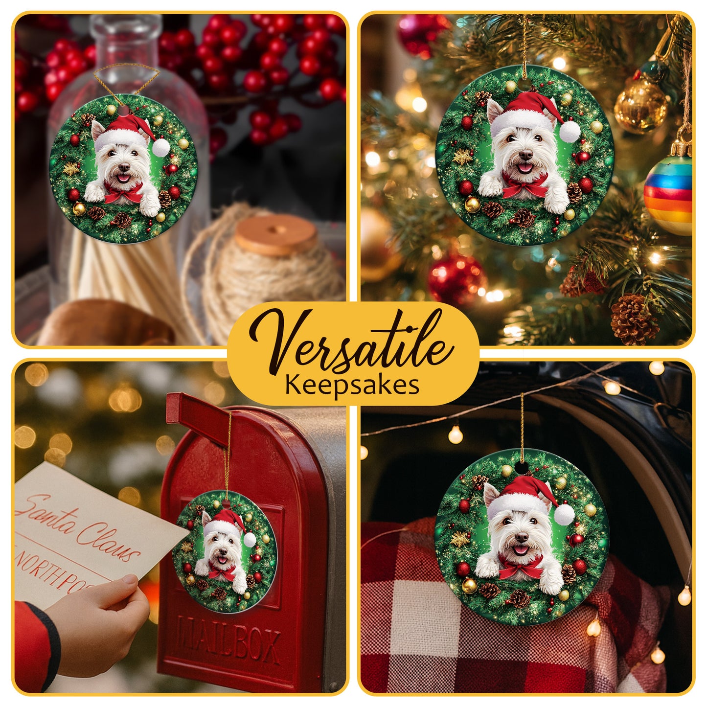Netecom Funny West Highland White Terrier in Santa Hat Christmas Ornament, Westie Dog Ceramic Ornament for Xmas Tree Hanging Decorations Gift, Puppy Lover Gifts, Holiday Party Present