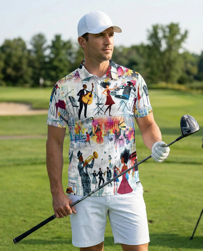 Jazz Music Party 3D Polo Shirt for Men – Colorful Retro Musician Style | Netecom