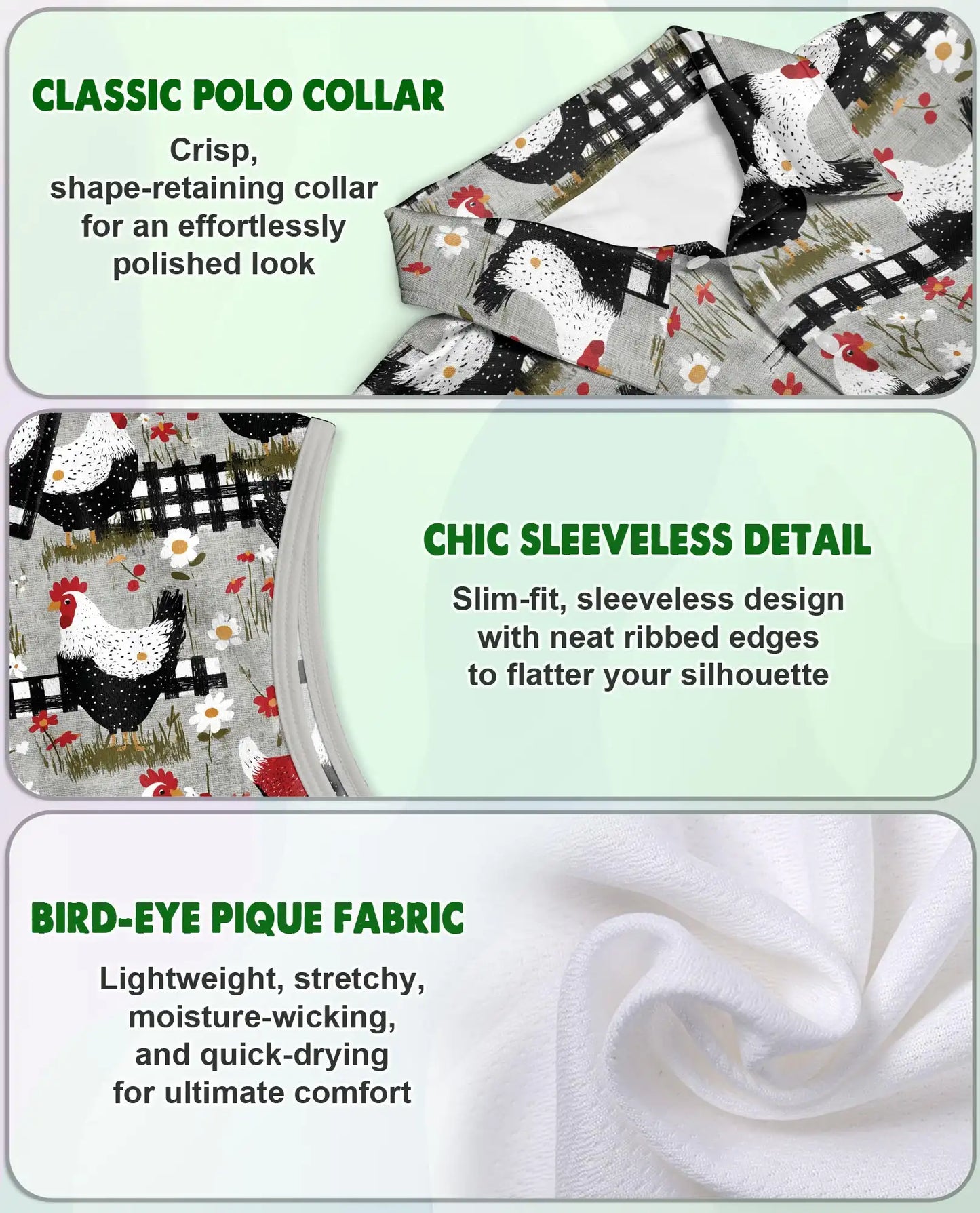 Chicken And Fence Sleeveless Polo Shirt for Women  | Netecom