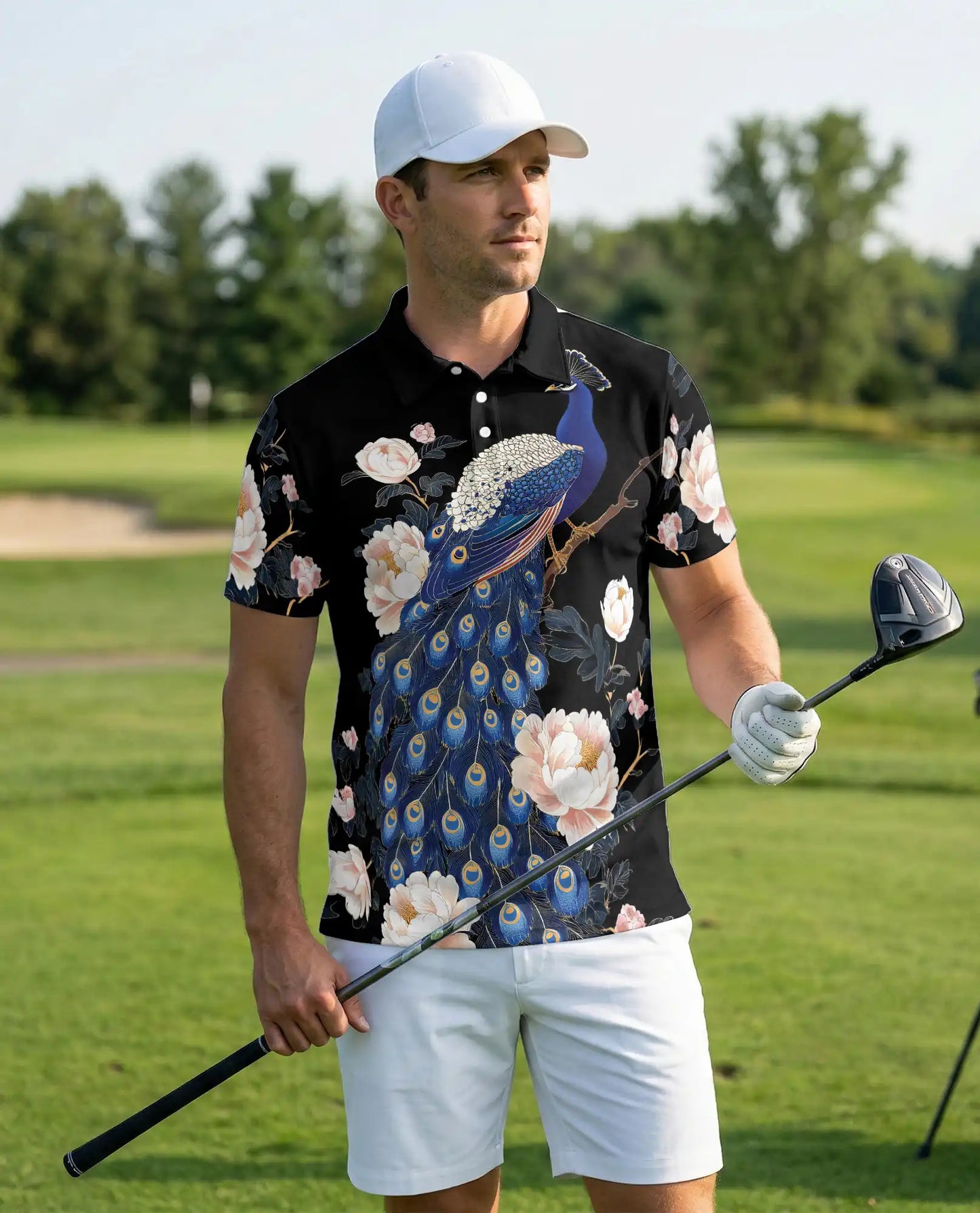 Elegant Peacock Floral Polo Shirt for Men-  Blue Peacock Bird Pattern | Netecom
