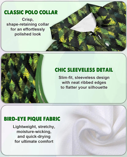 Pine Tree Pattern Sleeveless Polo Shirt for Women – Nature Outdoor Style | Netecom