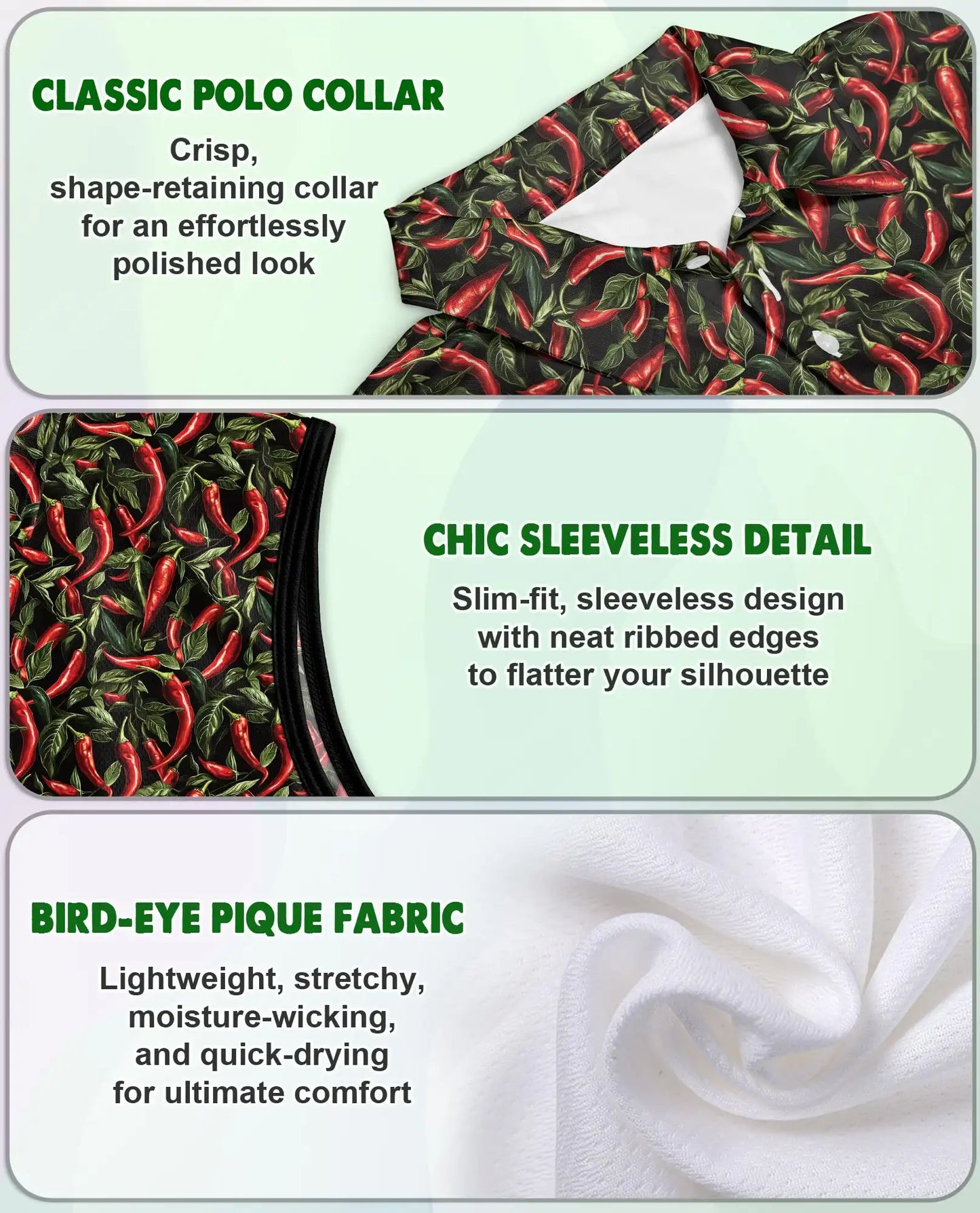 Chilli Pepper Pattern Sleeveless Polo Shirt for Women – Spicy Food Lover Style | Netecom