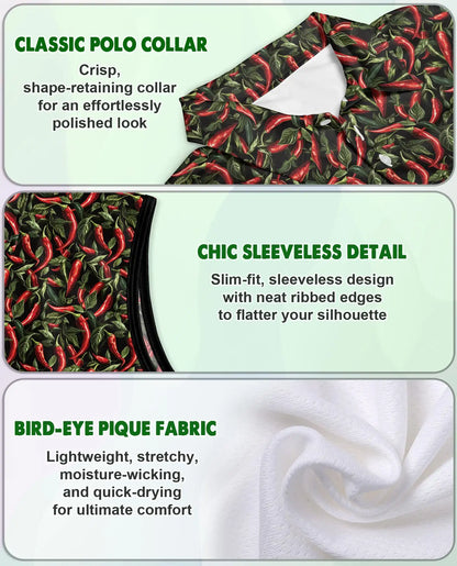 Chilli Pepper Pattern Sleeveless Polo Shirt for Women – Spicy Food Lover Style | Netecom