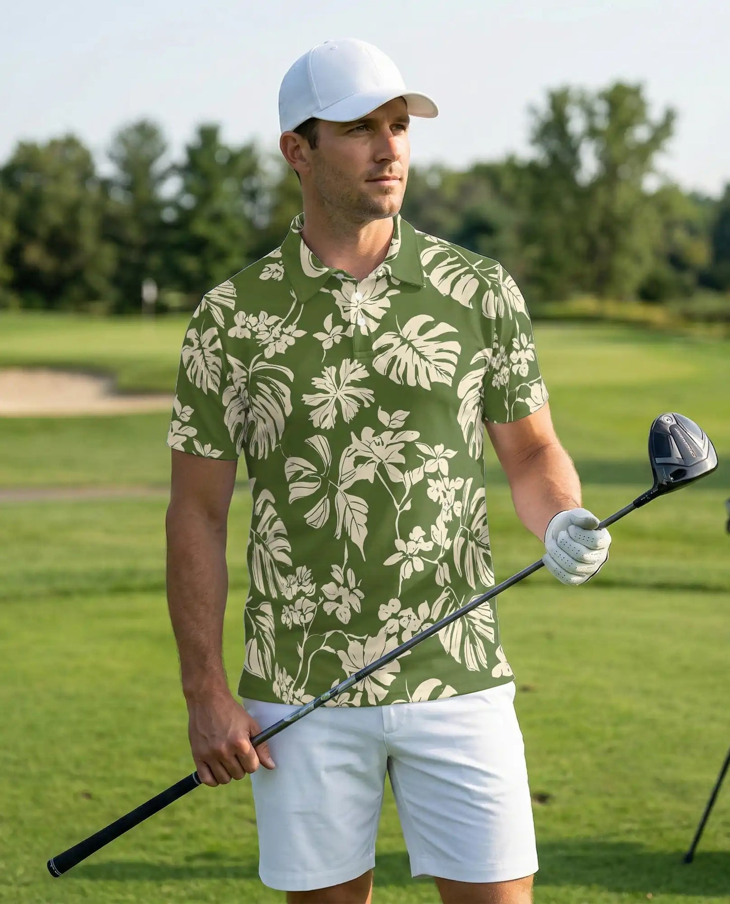 Tropical Floral Polo Shirt – Olive Monstera Print | Netecom