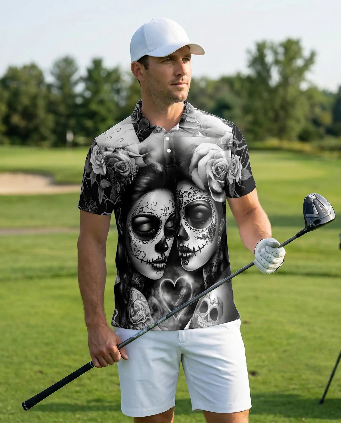 Sugar Skull Couple Polo Shirt – Gothic Rose Print | Netecom