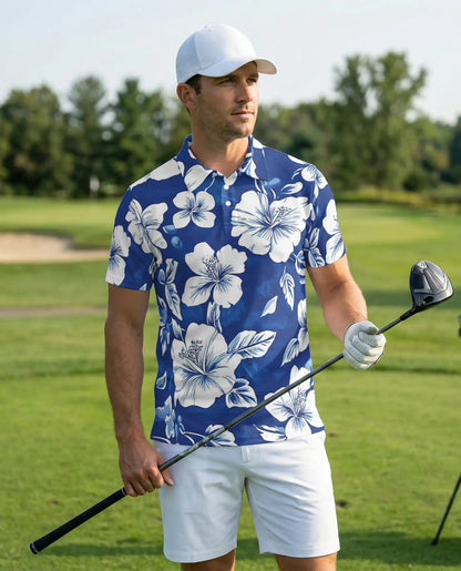 Blue White Hibiscus Polo Shirt | Netecom
