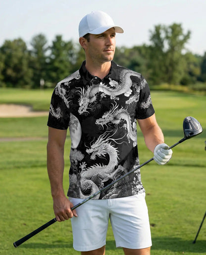 Black White Asian Dragon 3D Polo Shirt for Men – Monochrome Fantasy Style | Netecom