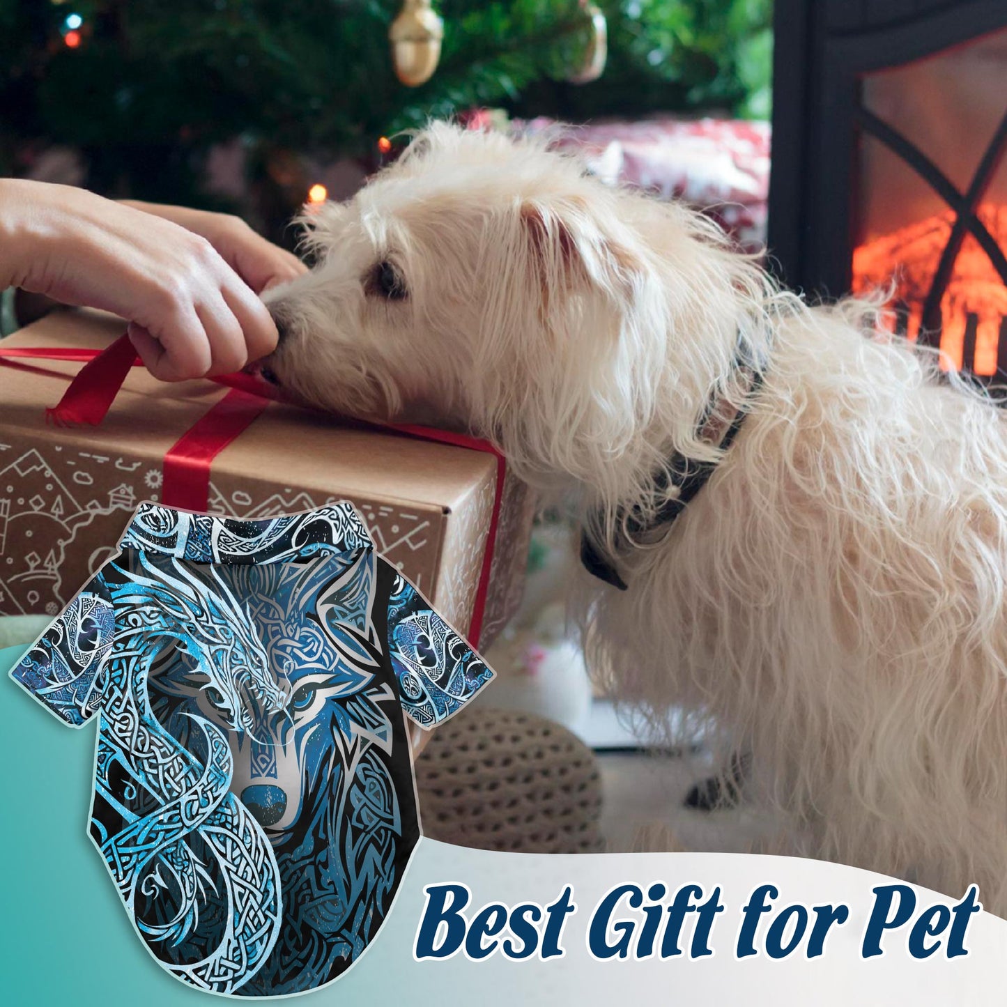 Netecom Matching Fenrir Blue Hawaiian Shirt for Dog and Owner, Aloha Summer Shirt, Wolf Myth Print Button Down Outfit for Pet and Human, Beach Vacation Casual Wear