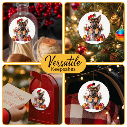 Netecom Funny German Shepherd in Bucket Ornament, Shepherd Dog with Santa Hat Ceramic Ornament for Christmas Tree Hanging Decorations Gift, Puppy Lover Gifts, Home Decor, Holiday Party Present
